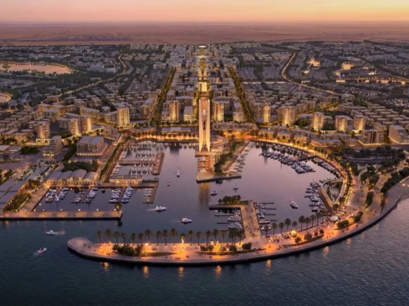 Aerial rendering of Alam El Roum at dusk showing a crescent-shaped marina lined with buildings in Marsa Matrouh