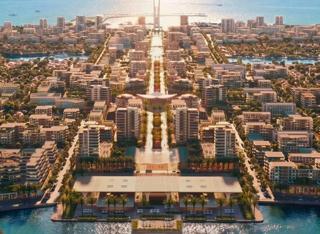 Alam El Roum Marsa Matrouh waterfront aerial view Aerial rendering of Alam El Roum showing a central boulevard leading to the sea between residential districts