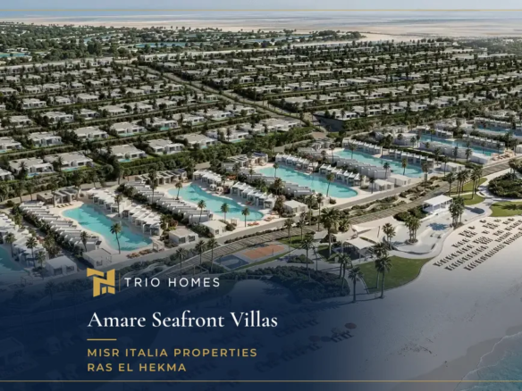 Aerial render of Amare Seafront Villas Ras El Hekma with villa rows, pools and the beach