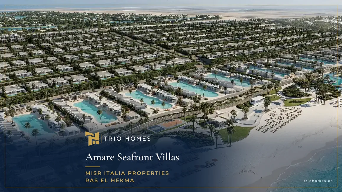 Aerial render of Amare Seafront Villas Ras El Hekma with villa rows, pools and the beach Aerial render of Amare Seafront Villas Ras El Hekma with villa rows, pools and the beach