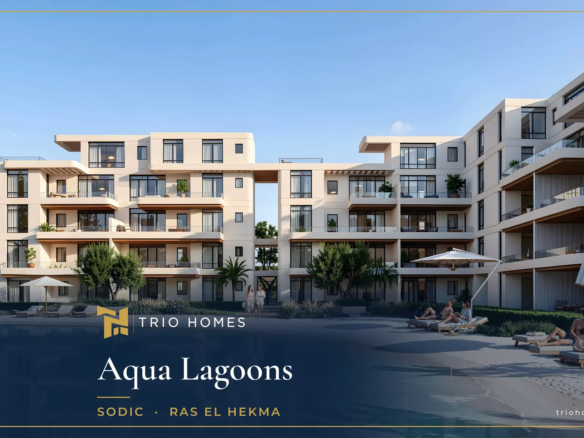 Rendering of apartment buildings beside a sandy-beach lagoon at Aqua Lagoons by SODIC, Ras El Hekma