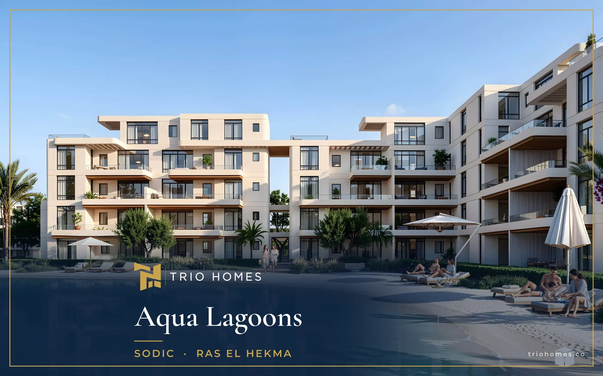 Rendering of apartment buildings beside a sandy-beach lagoon at Aqua Lagoons by SODIC, Ras El Hekma
