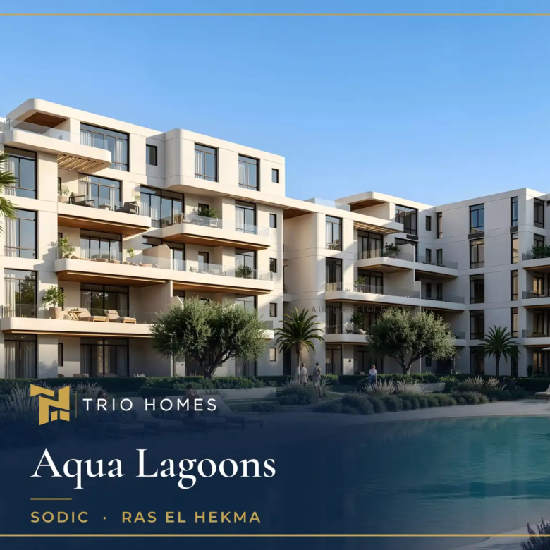 Rendering of terraced apartment buildings with palm trees around a lagoon at Aqua Lagoons by SODIC, Ras El Hekma