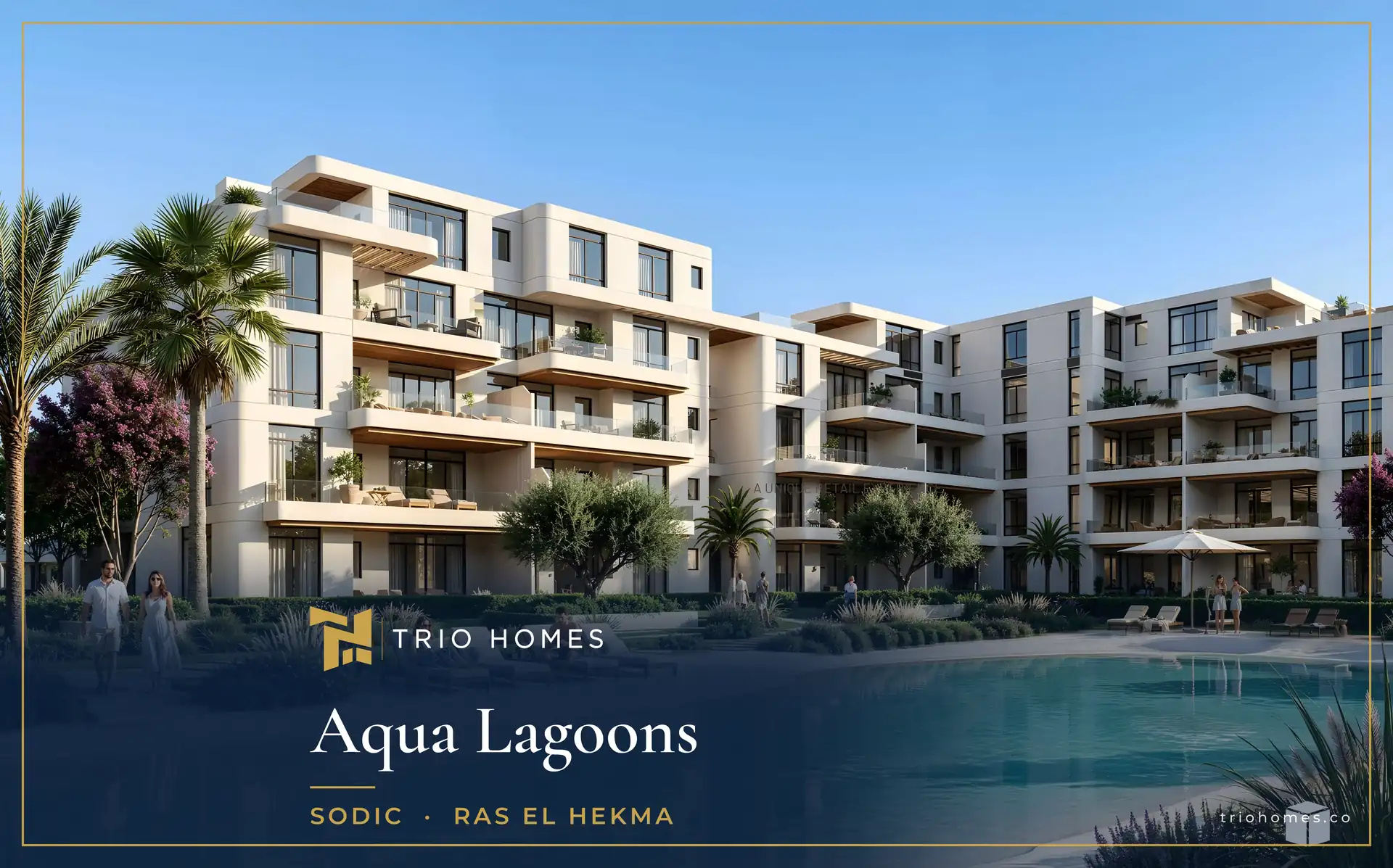 Rendering of terraced apartment buildings with palm trees around a lagoon at Aqua Lagoons by SODIC, Ras El Hekma