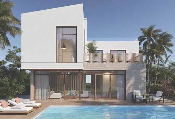 Rendering of a contemporary two-storey villa with a private pool and palm trees at Aqua Lagoons, Ras El Hekma