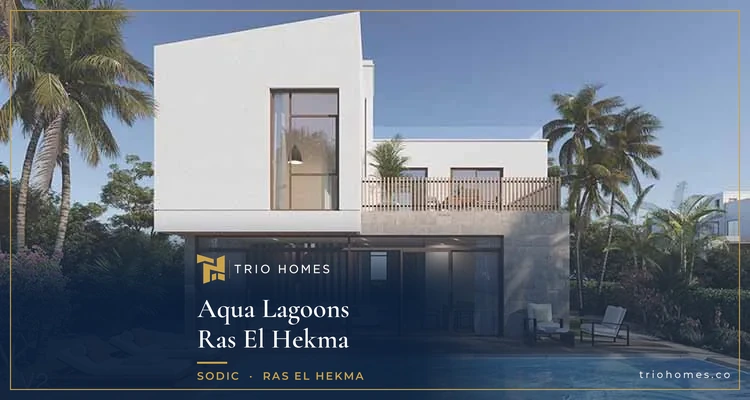 Rendering of a contemporary two-storey villa with a private pool and palm trees at Aqua Lagoons, Ras El Hekma