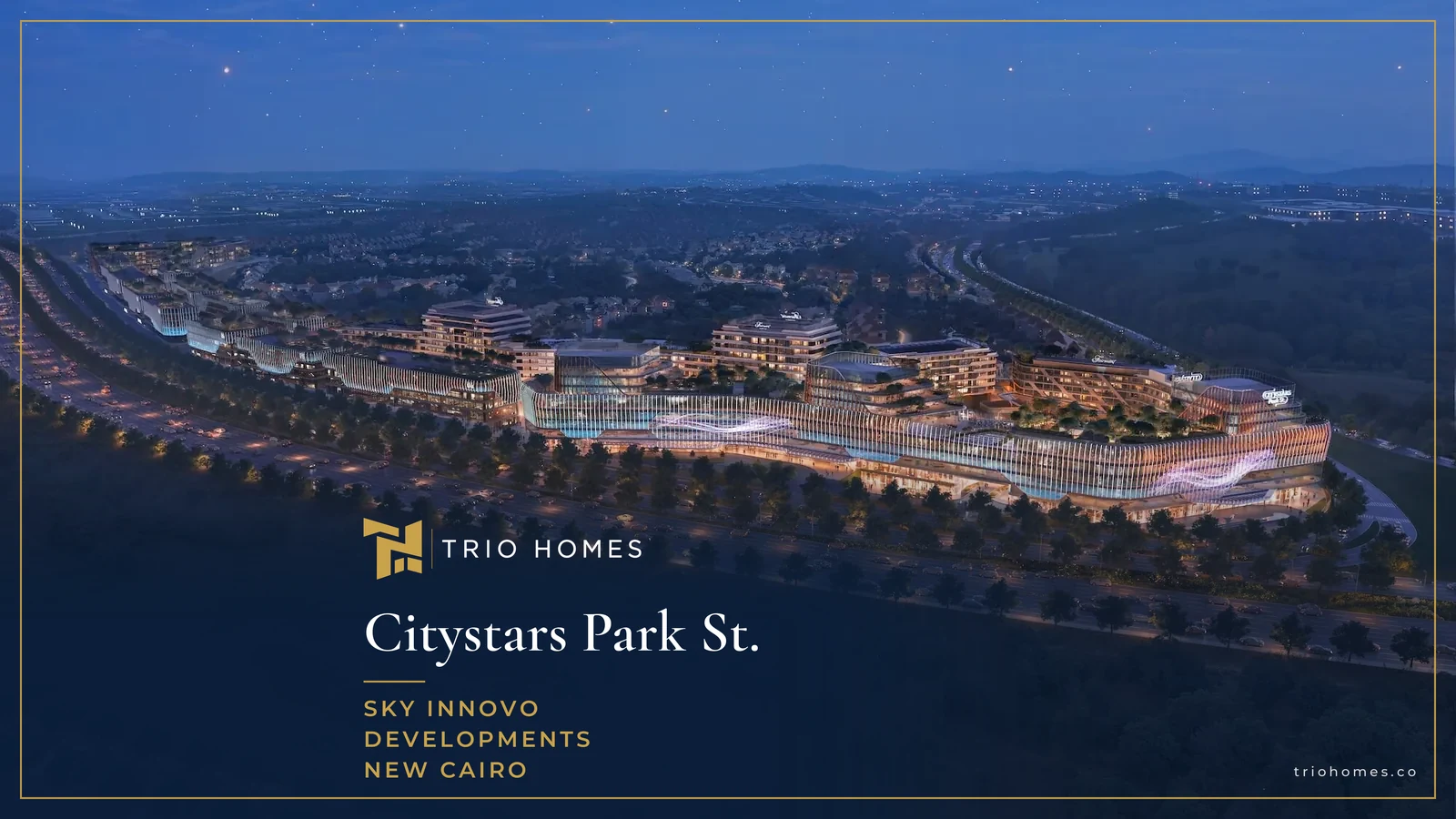 Aerial night view of the Citystars Park St. master plan in New Cairo Aerial night view of the Citystars Park St. master plan in New Cairo