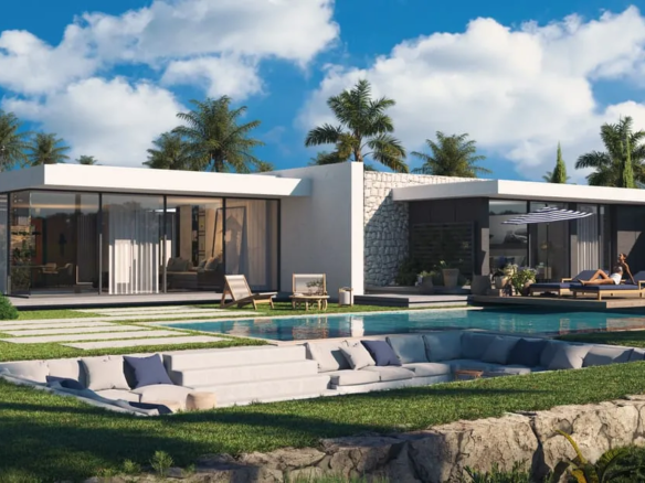 Rendering of a modern coastal home with a pool, sun loungers and palm trees at Club Hill, Ras El Hekma