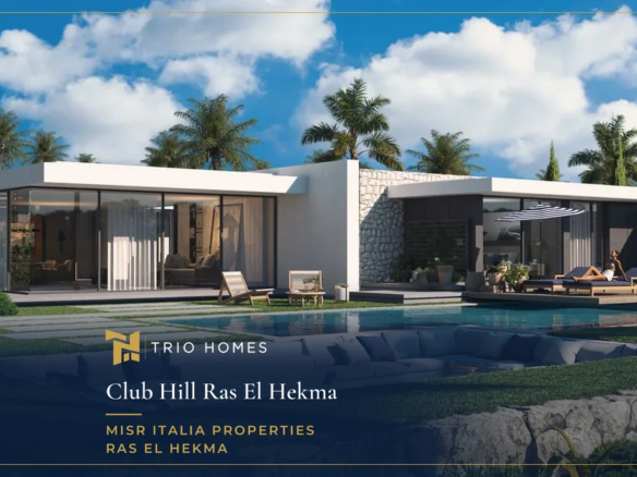 Rendering of a modern coastal home with a pool, sun loungers and palm trees at Club Hill, Ras El Hekma