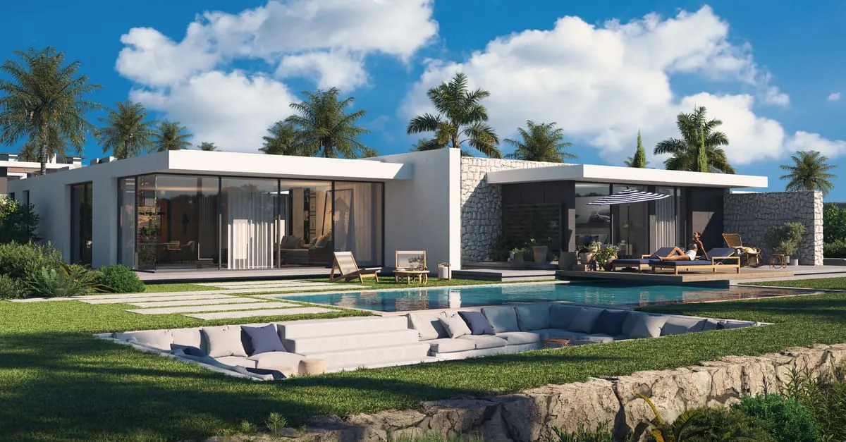 Club Hill Ras El Hekma home with pool Rendering of a modern coastal home with a pool, sun loungers and palm trees at Club Hill, Ras El Hekma