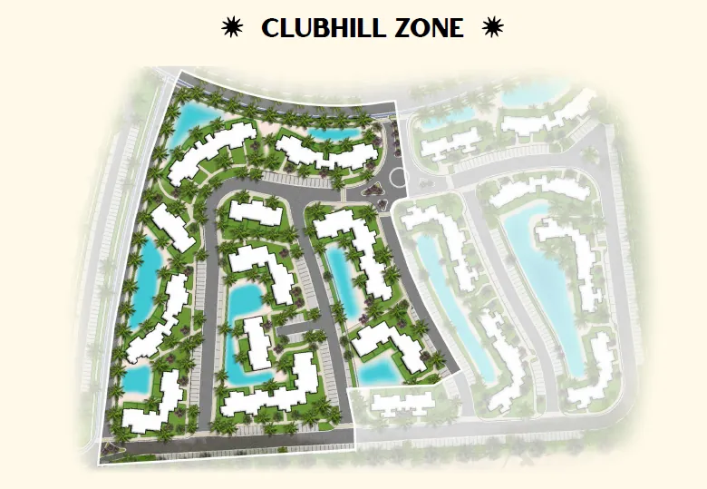 Master plan of the Club Hill zone in Solare, Ras El Hekma showing buildings, pools and lagoons