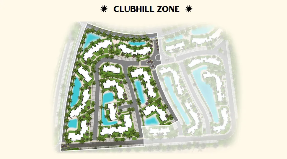 Club Hill Ras El Hekma master plan Master plan of the Club Hill zone in Solare, Ras El Hekma showing buildings, pools and lagoons