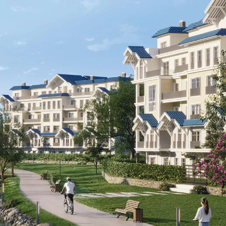 Rendering of classic-style apartment buildings with a cycling path and gardens at CreekView by Mountain View