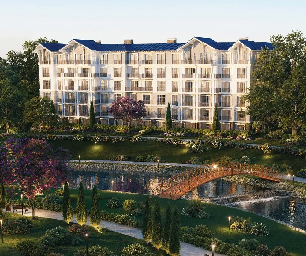 Rendering of a residential building overlooking a water feature and footbridge at CreekView, New Cairo