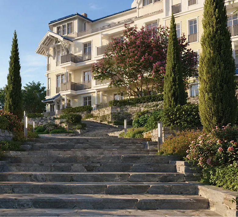 Rendering of stone garden steps leading up to residential buildings at CreekView, New Cairo