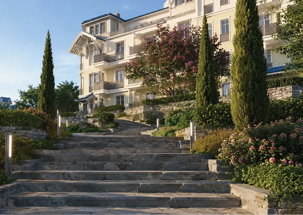 Rendering of stone garden steps leading up to residential buildings at CreekView, New Cairo