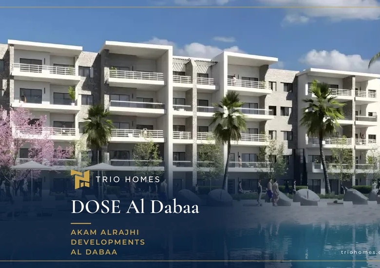 Rendering of white low-rise apartment buildings overlooking a pool deck at DOSE by Akam Alrajhi