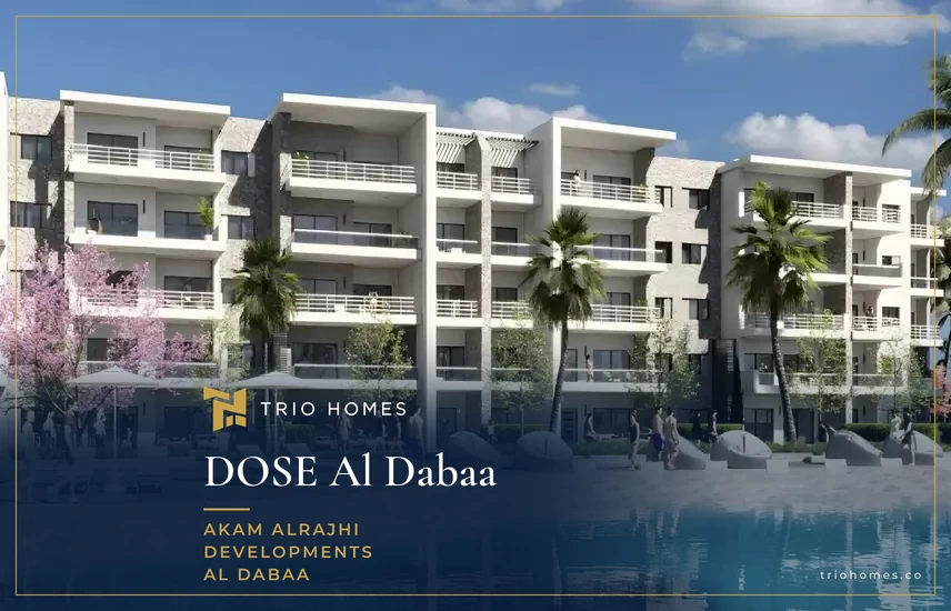 Rendering of white low-rise apartment buildings overlooking a pool deck at DOSE by Akam Alrajhi
