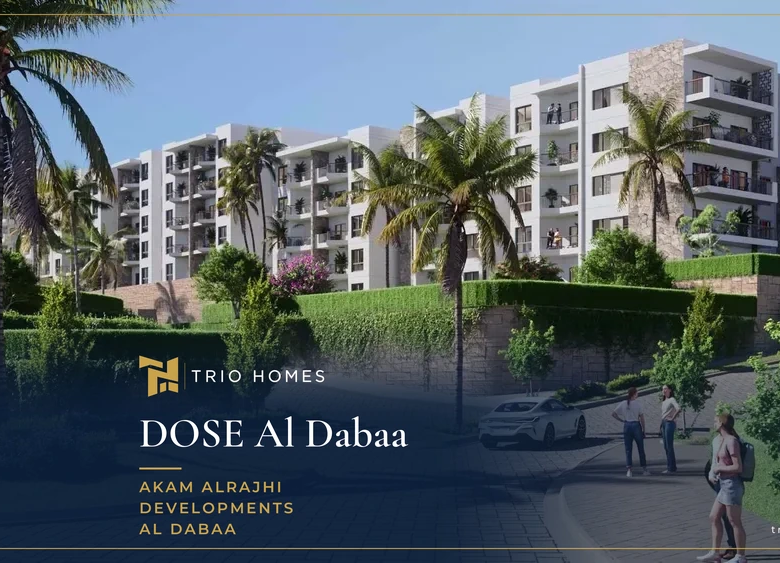 Rendering of chalet buildings with palm trees and an internal road at DOSE, Al Dabaa