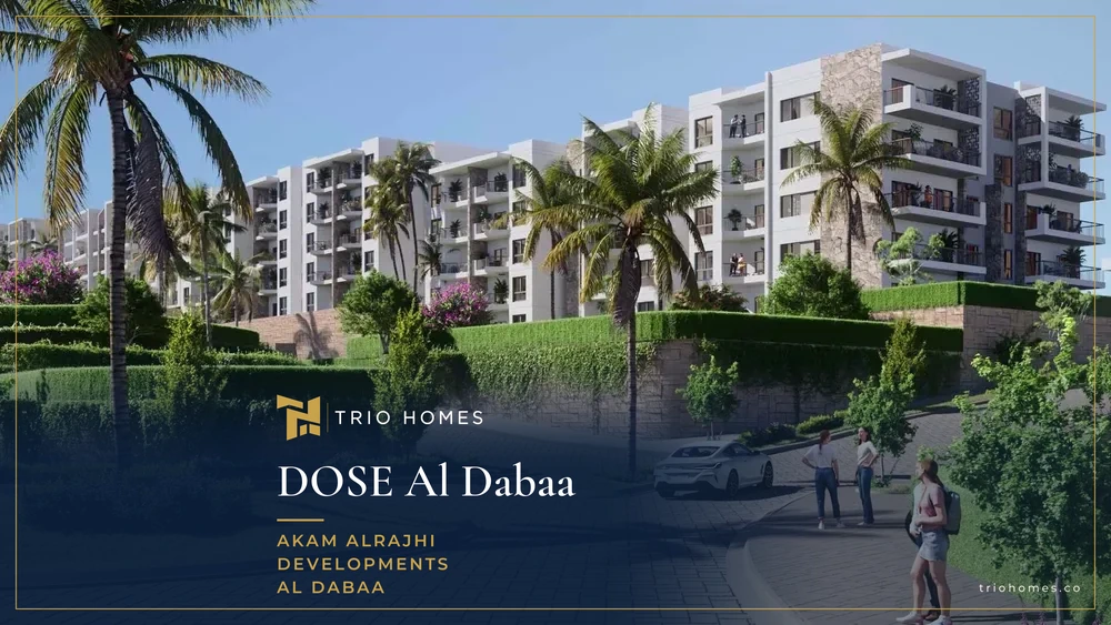 Rendering of chalet buildings with palm trees and an internal road at DOSE, Al Dabaa