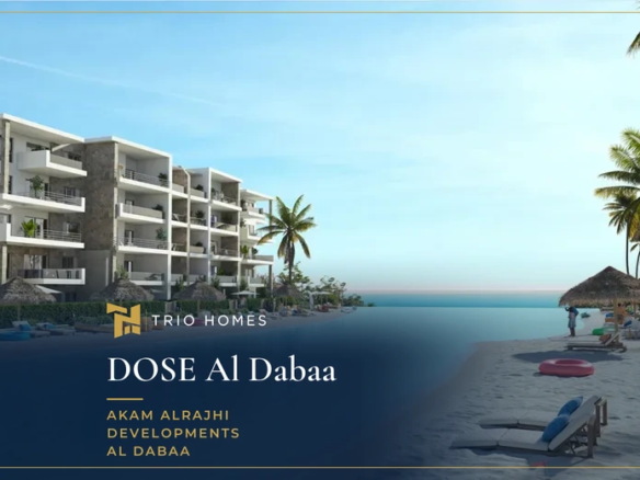 Rendering of a sandy lagoon beach with sun loungers and residential buildings at DOSE, Al Dabaa