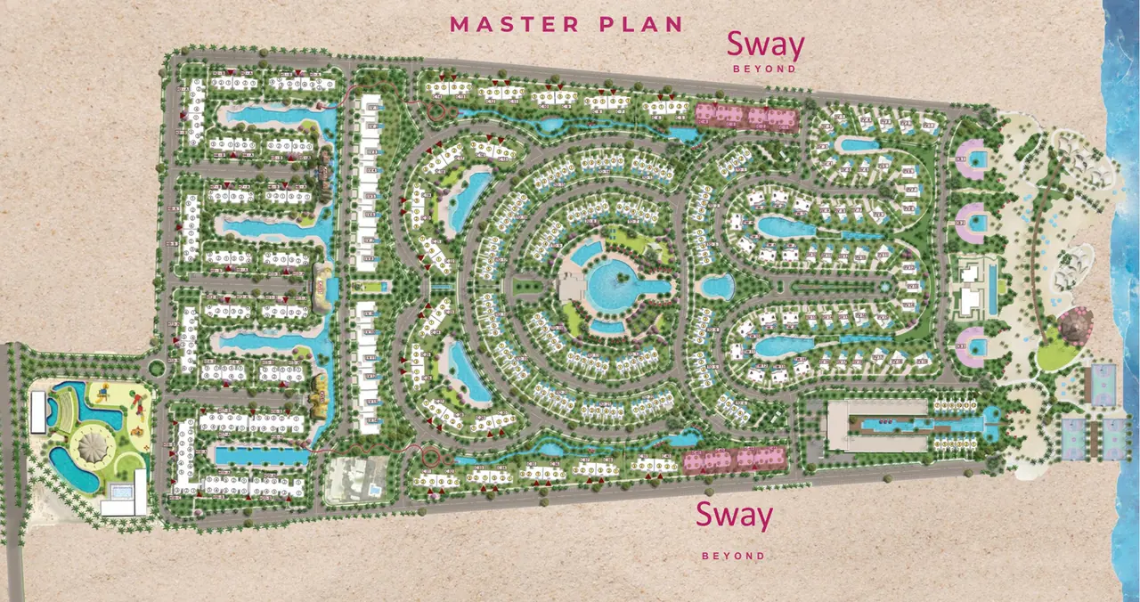 DOSE Al Dabaa master plan Master plan of DOSE in Al Dabaa showing residential clusters, lagoons and green areas