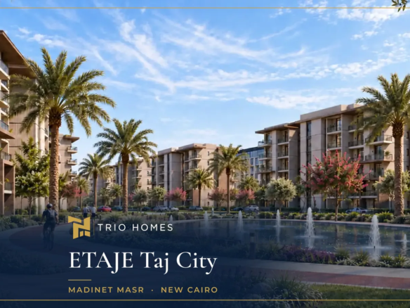 Landscaped walkway and water features at ETAJE Taj City New Cairo