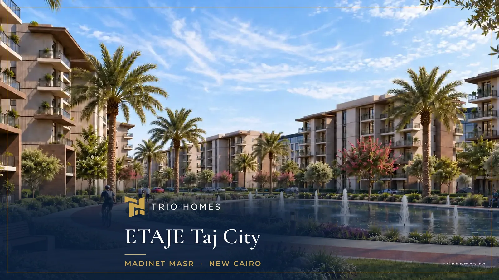 Landscaped walkway and water features at ETAJE Taj City New Cairo Landscaped walkway and water features at ETAJE Taj City New Cairo