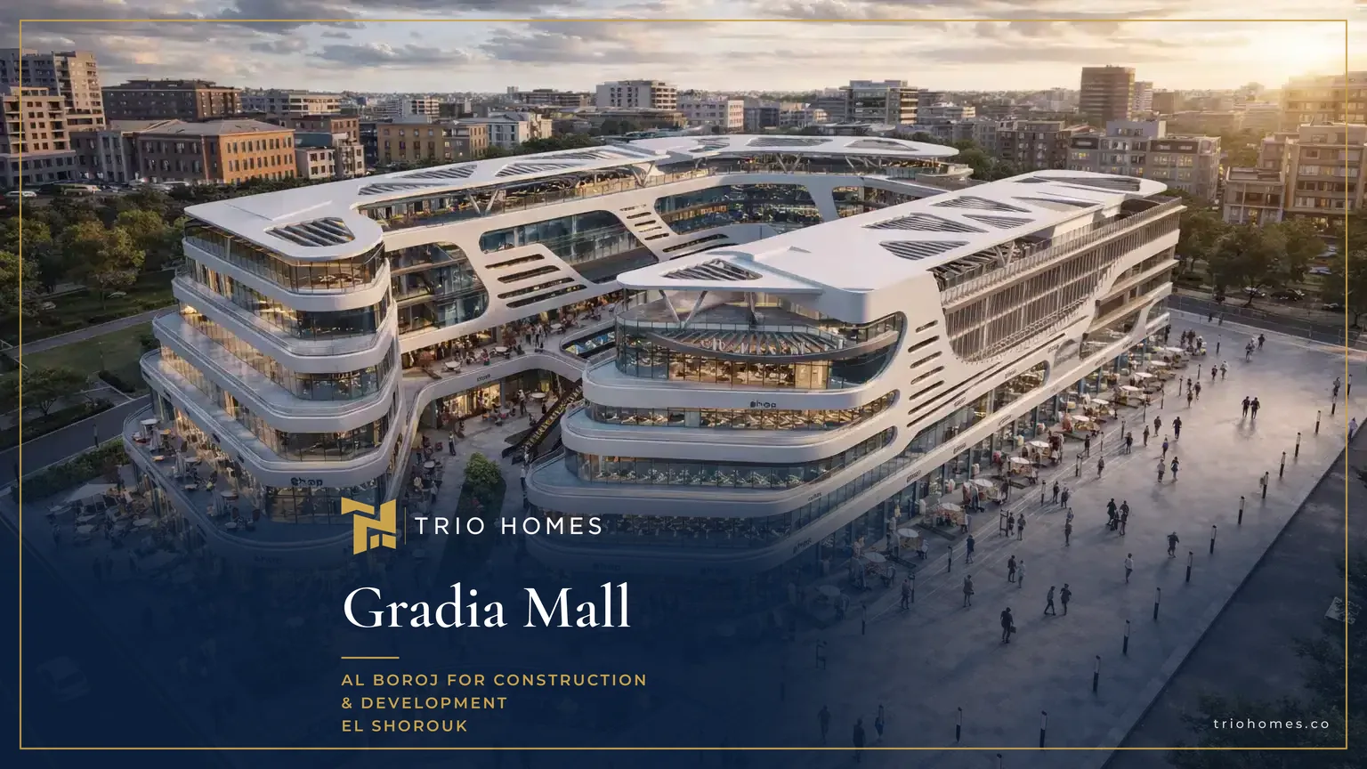 Aerial view at sunset of Gradia Mall El Shorouk by Al Boroj for Construction & Development Aerial view at sunset of Gradia Mall El Shorouk by Al Boroj for Construction & Development