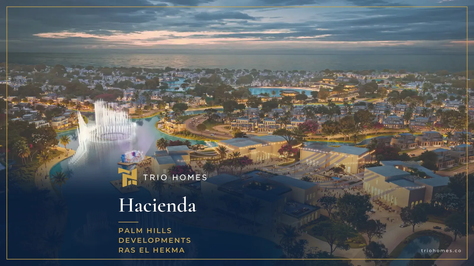 Lagoon fountains and buildings at Hacienda Ras El Hekma in the evening Lagoon fountains and buildings at Hacienda Ras El Hekma in the evening