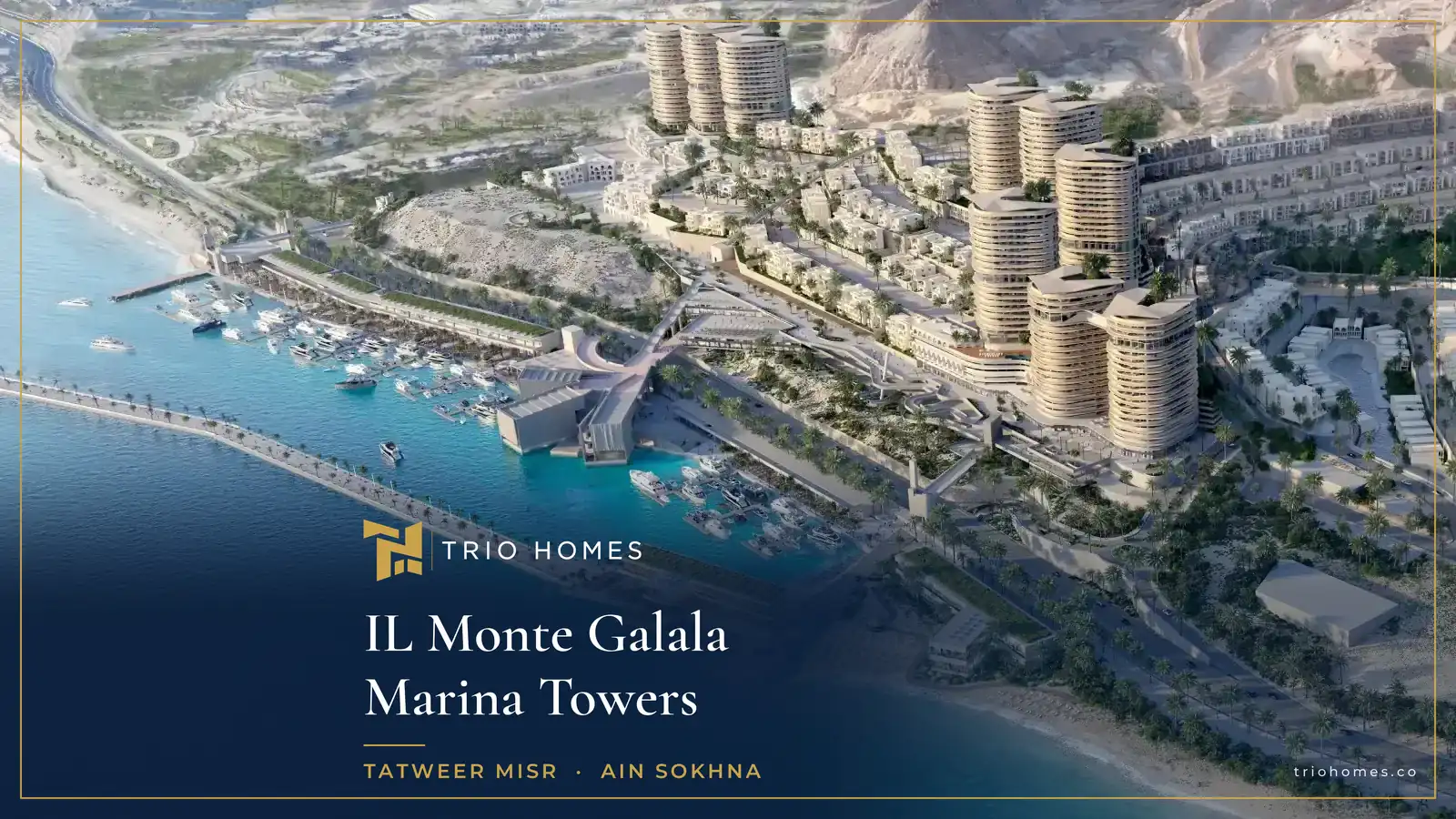 Aerial render of the marina and towers at IL Monte Galala Marina Towers Ain Sokhna