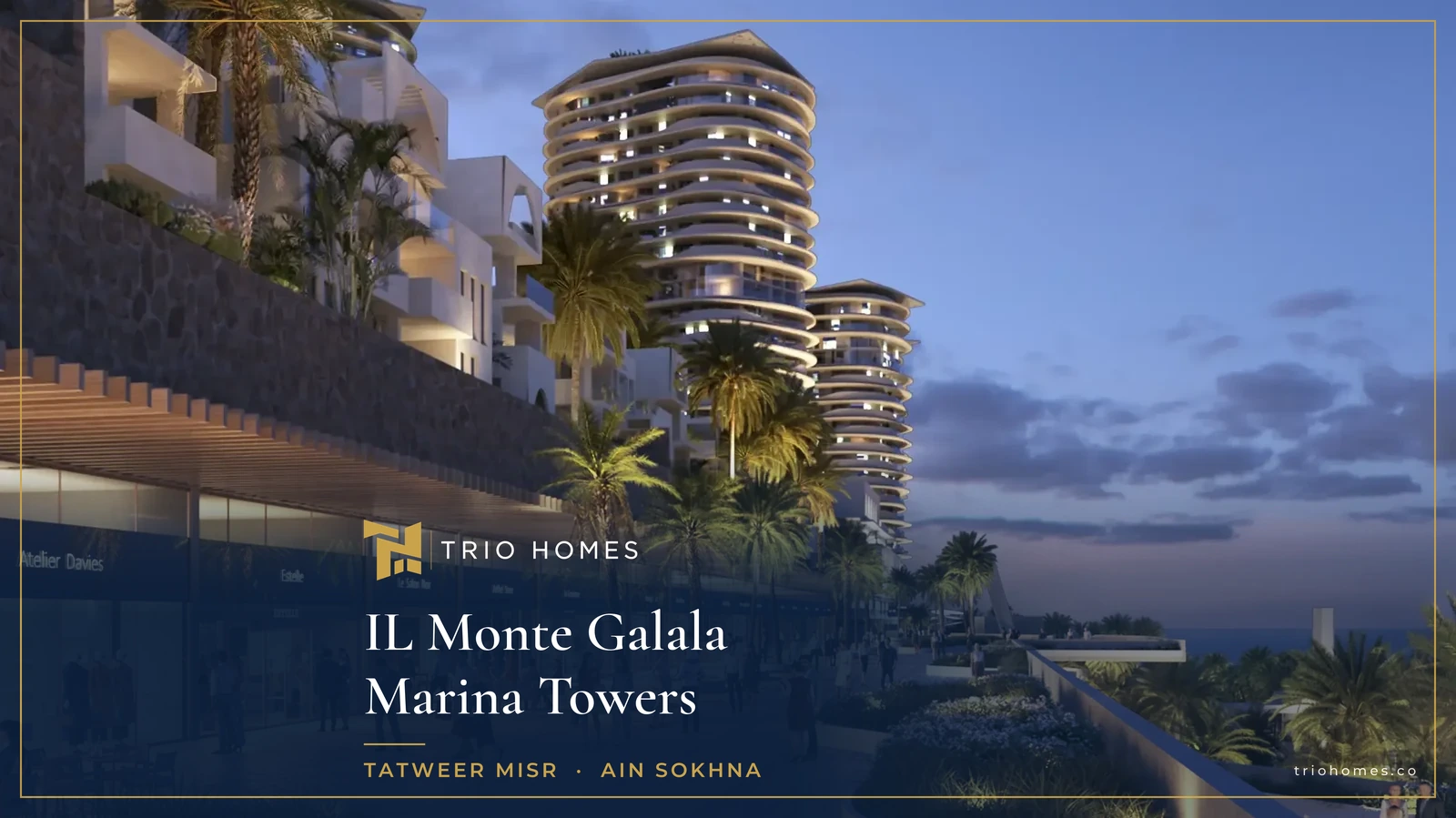 Marina promenade with shops at dusk at IL Monte Galala Marina Towers Ain Sokhna