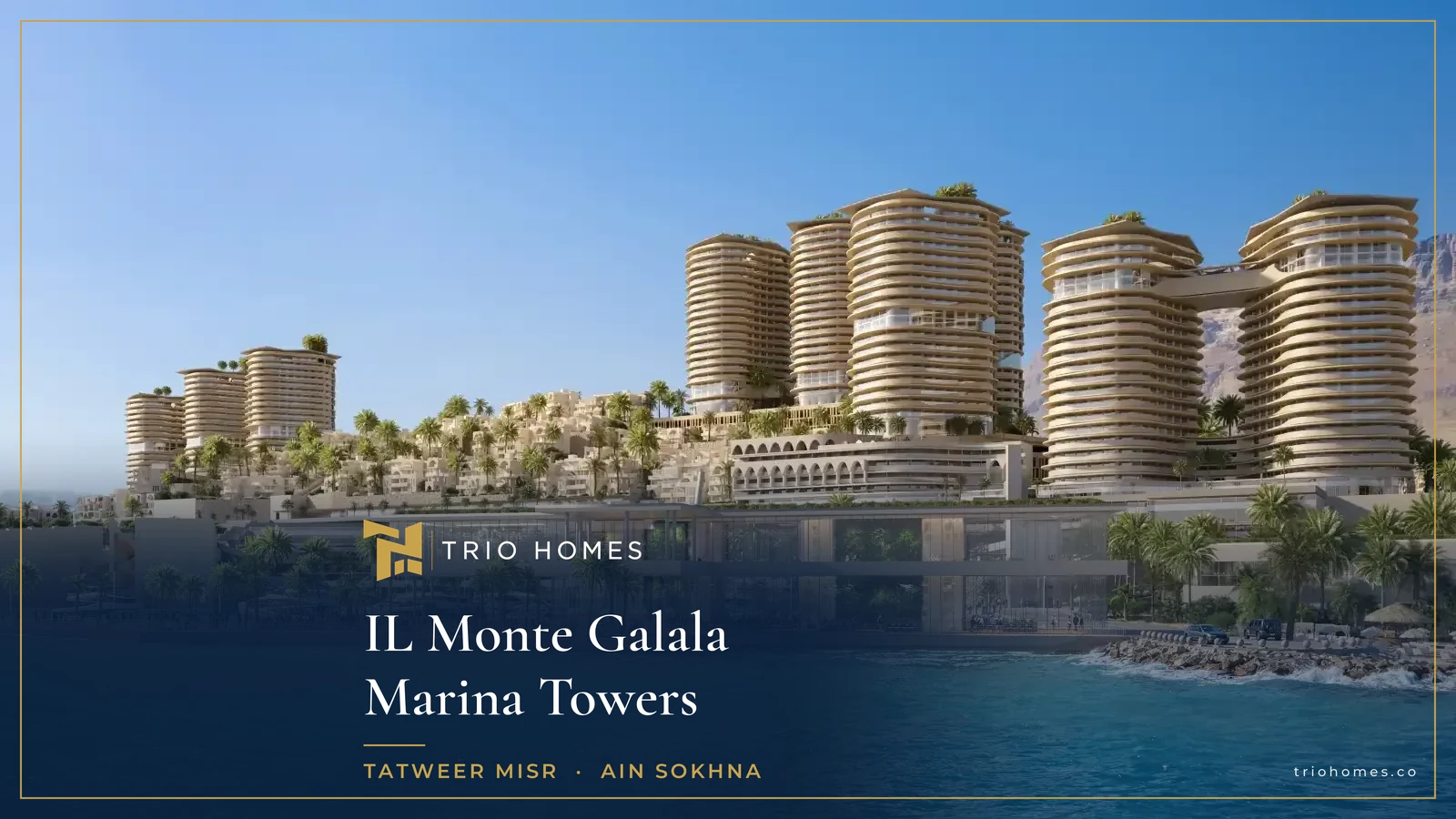 Render of IL Monte Galala Marina Towers Ain Sokhna seen from the Red Sea