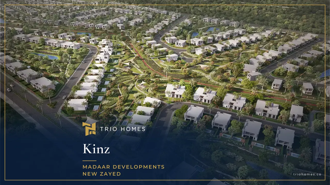 Aerial view of villas and green spaces at Kinz New Zayed by Madaar Aerial view of villas and green spaces at Kinz New Zayed by Madaar