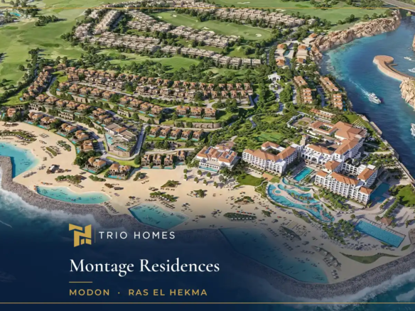 Aerial render of Montage Residences Ras El Hekma with the coast, resort and golf course