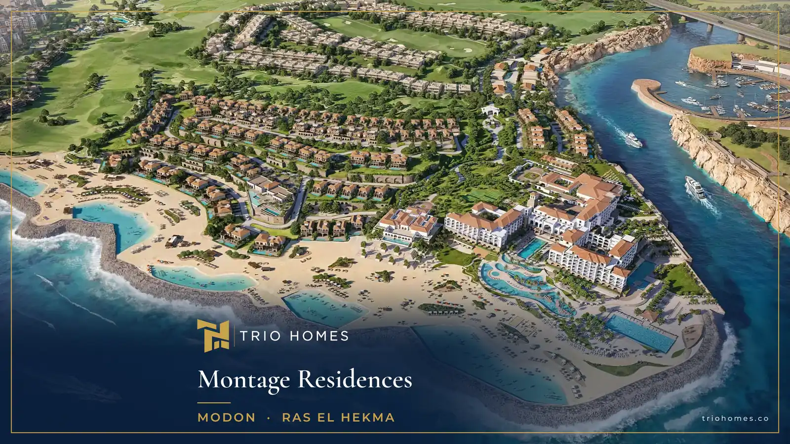 Aerial render of Montage Residences Ras El Hekma with the coast, resort and golf course