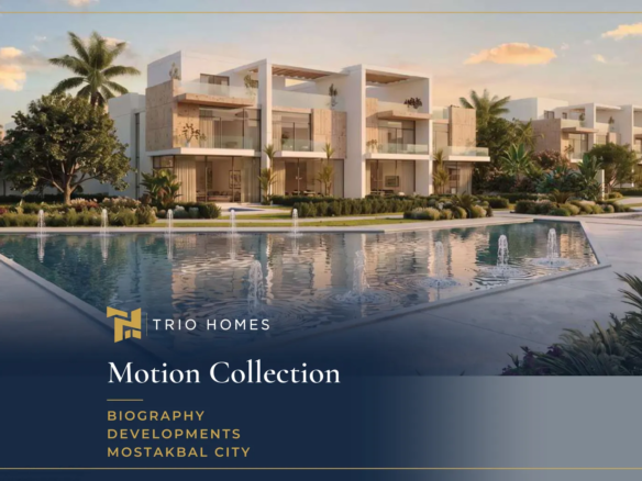 Lagoon pools and modern residences at dusk, Motion Collection, Mostakbal City by Biography Developments