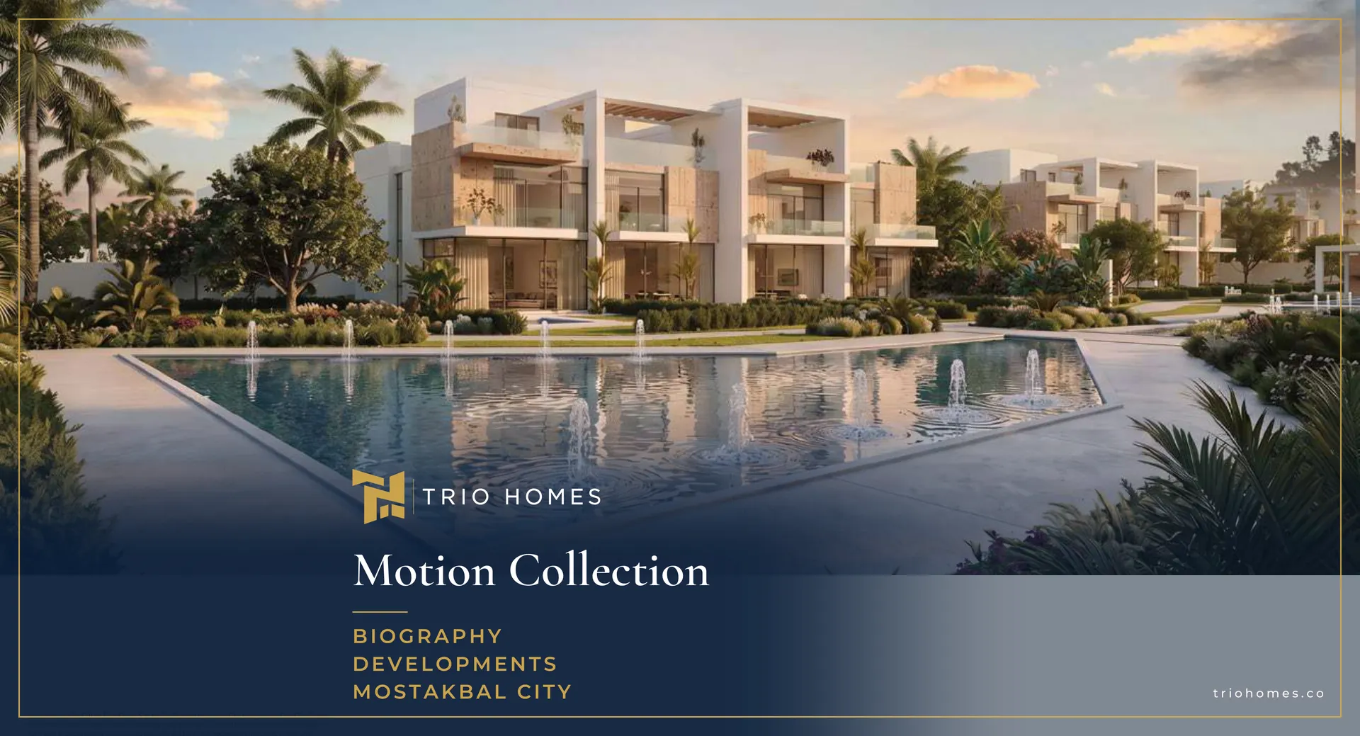 motion-collection-mostakbal-city-05-lagoon-pools-residential-dusk-trio Lagoon pools and modern residences at dusk, Motion Collection, Mostakbal City by Biography Developments