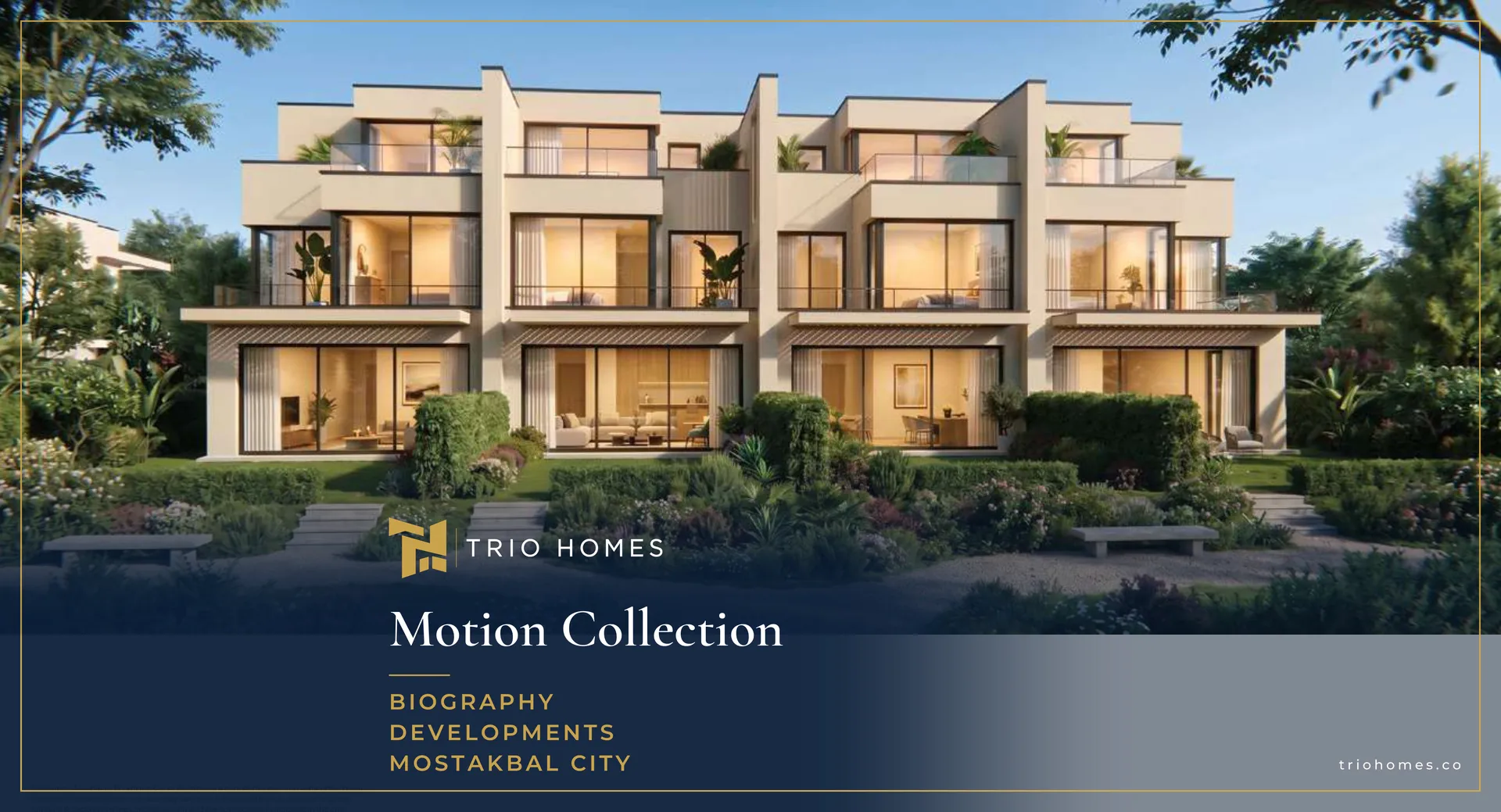 motion-collection-mostakbal-city-06-multi-unit-garden-residences-trio.webp Multi-unit garden residences at twilight, Motion Collection, Mostakbal City