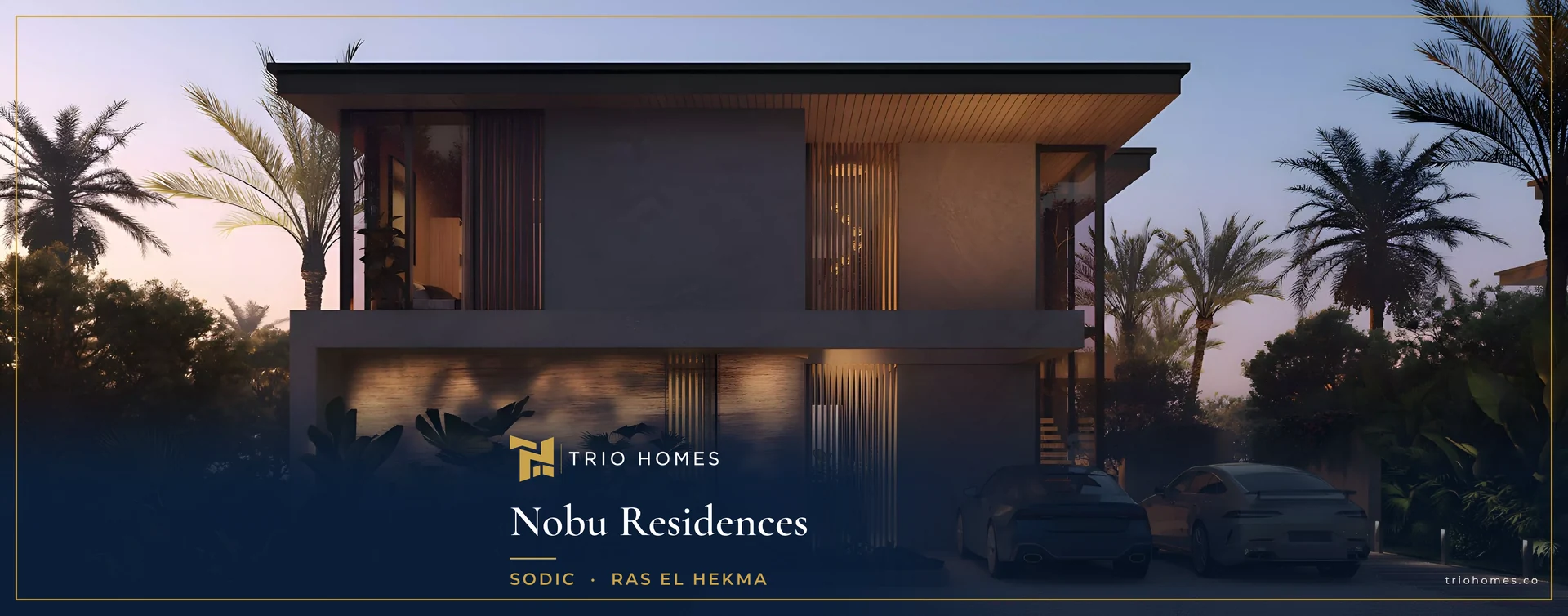 Nobu villa at dusk Dusk rendering of a contemporary villa among palm trees at Nobu Residences by SODIC, Ras El Hekma