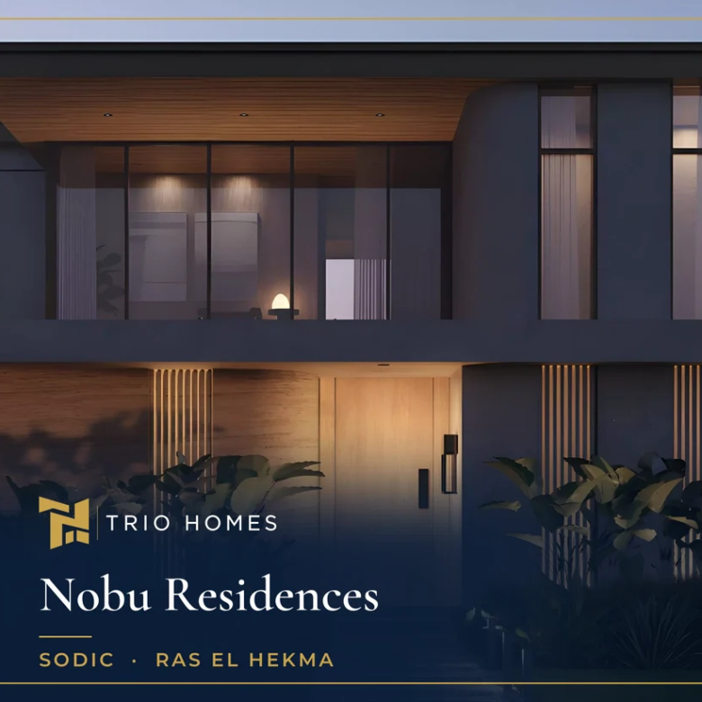 Dusk rendering of a villa facade with wooden entrance at Nobu Residences by SODIC, Ras El Hekma