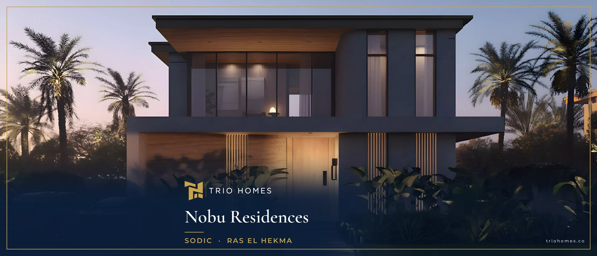 Nobu villa entrance Dusk rendering of a villa facade with wooden entrance at Nobu Residences by SODIC, Ras El Hekma