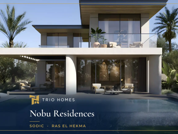 Rendering of a modern villa with a private pool and terrace at Nobu Residences by SODIC, Ras El Hekma