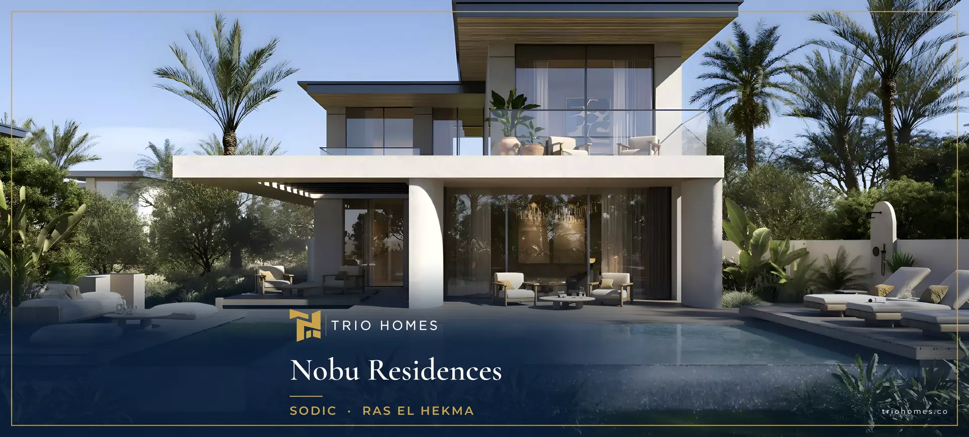 Nobu villa with private pool Rendering of a modern villa with a private pool and terrace at Nobu Residences by SODIC, Ras El Hekma