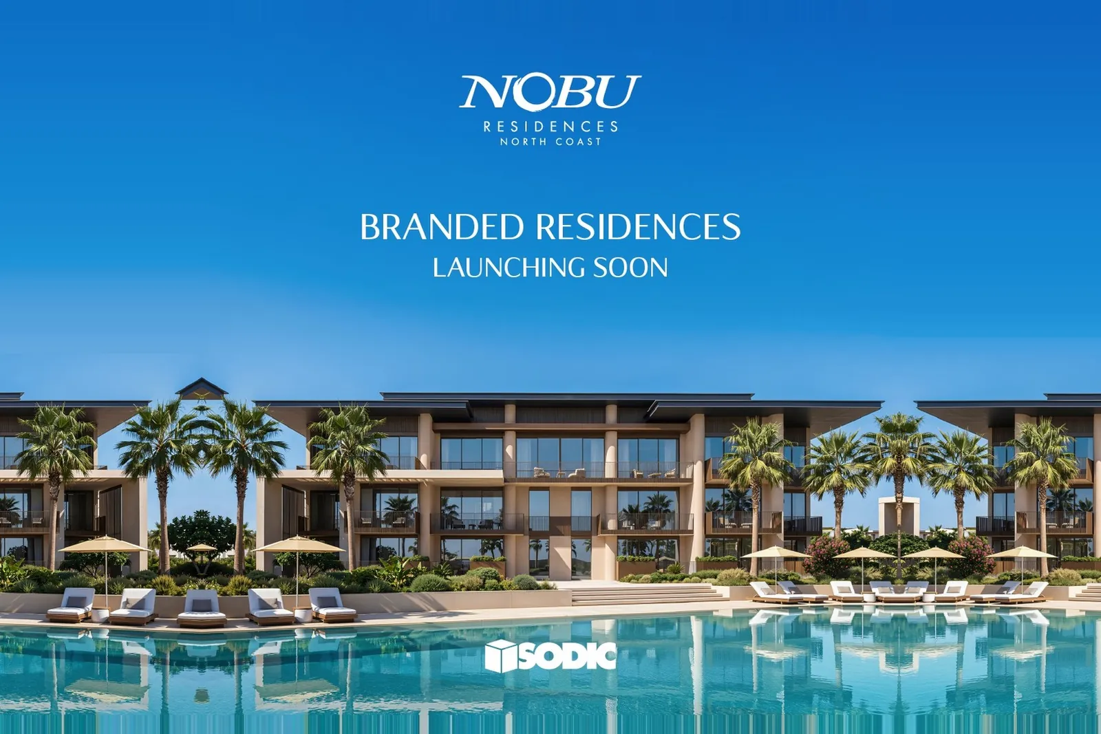 Rendering of Nobu Residences at Ogami, Ras El Hekma: low-rise residential buildings behind a palm-lined pool