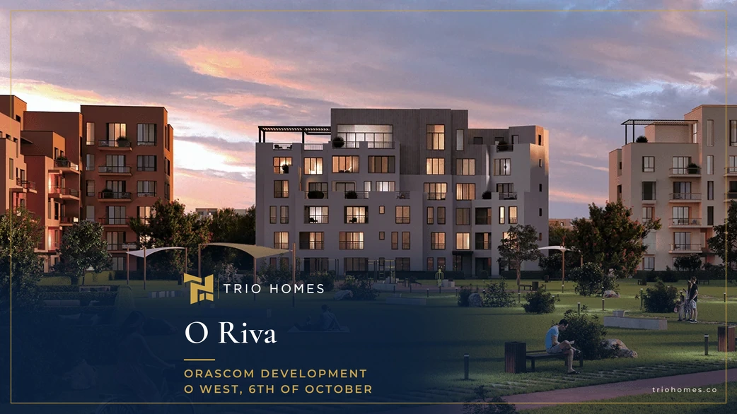 Apartment buildings and a park at sunset in O West, the community of O Riva 6th of October Apartment buildings and a park at sunset in O West, the community of O Riva 6th of October