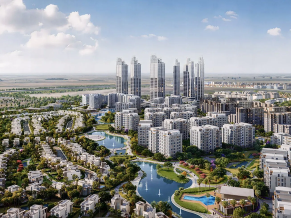 Aerial rendering of One Hyde Park in New Cairo showing high-rise towers, residential blocks and lakes