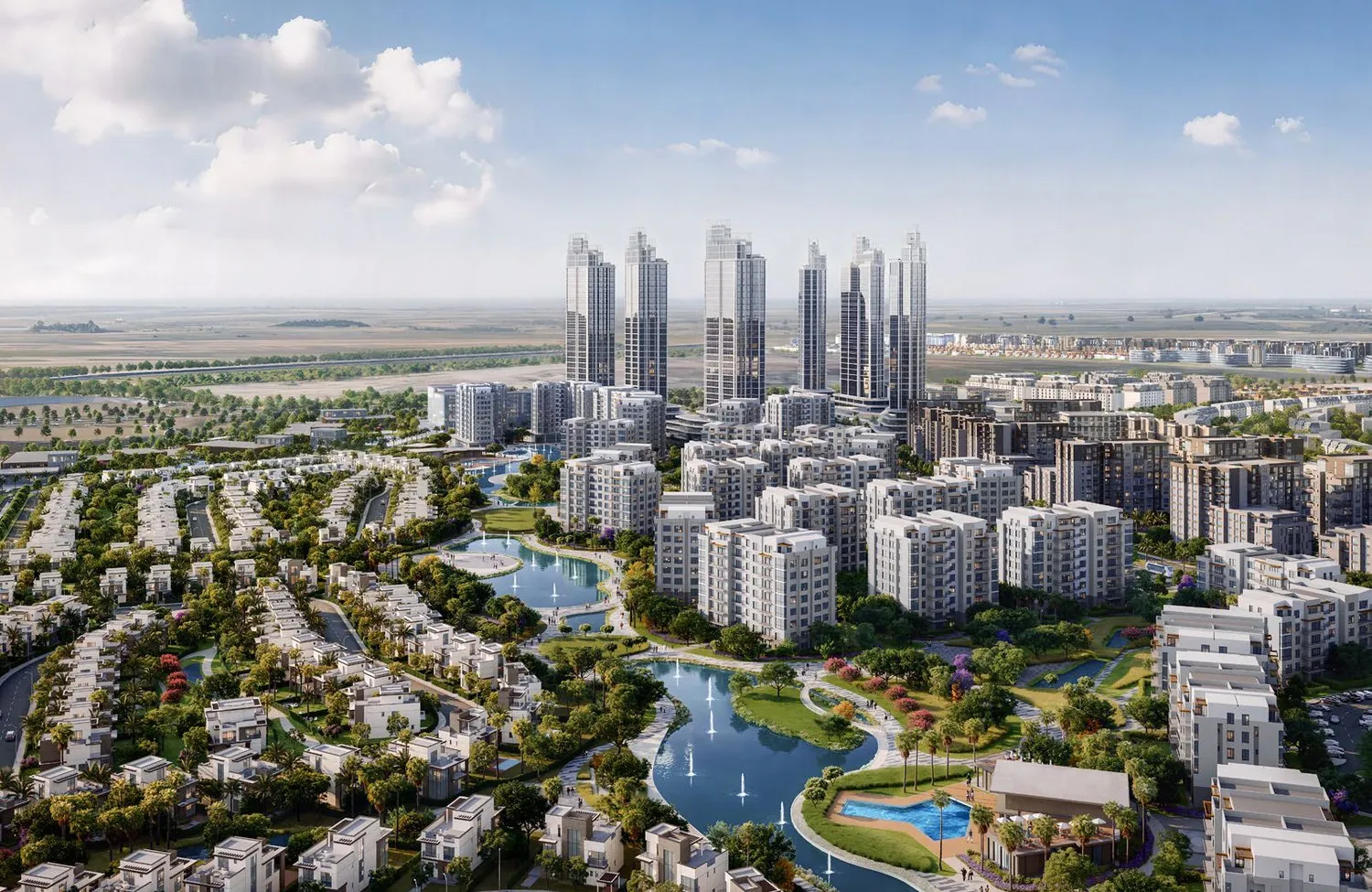 One Hyde Park New Cairo aerial masterplan view Aerial rendering of One Hyde Park in New Cairo showing high-rise towers, residential blocks and lakes