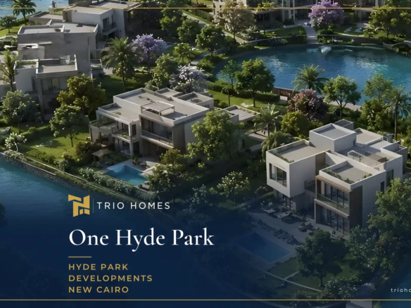 Aerial rendering of modern villas among greenery beside water features at One Hyde Park by Hyde Park Developments, New Cairo