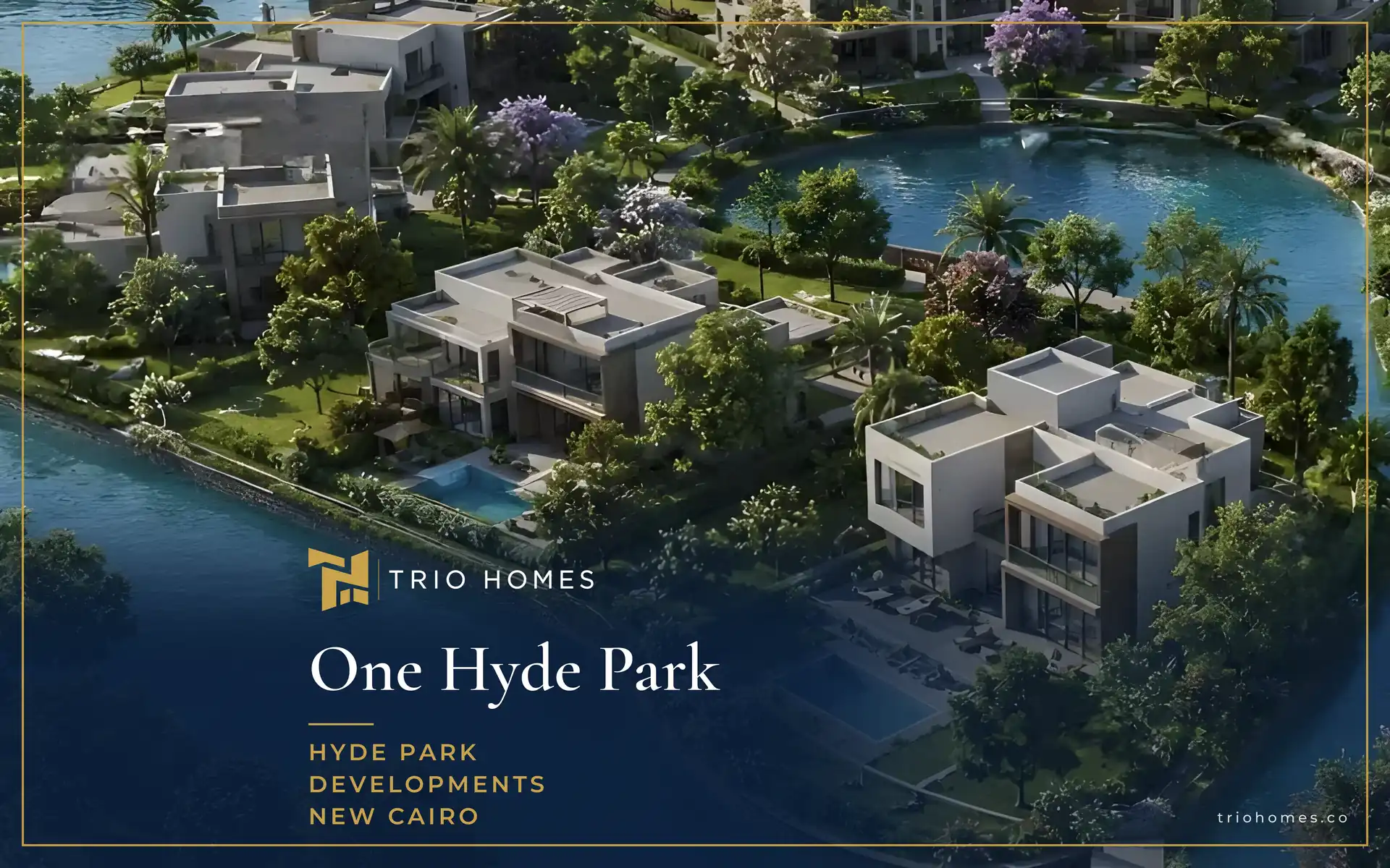 Aerial rendering of modern villas among greenery beside water features at One Hyde Park by Hyde Park Developments, New Cairo